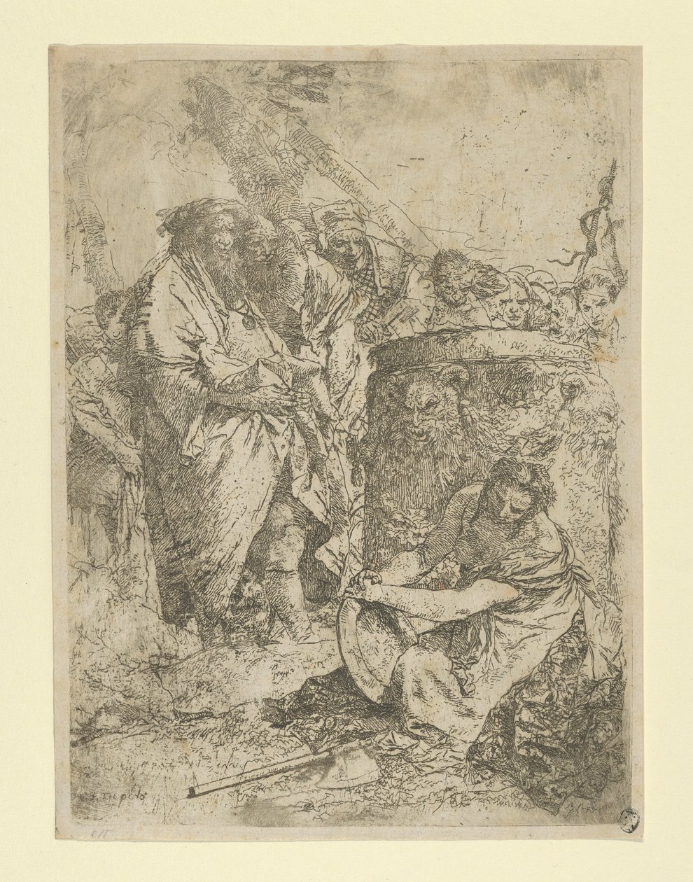 Frau kniet vor Magiern und anderen Figuren, aus den Scherzi, ca. 1740 von Giovanni Battista Tiepolo