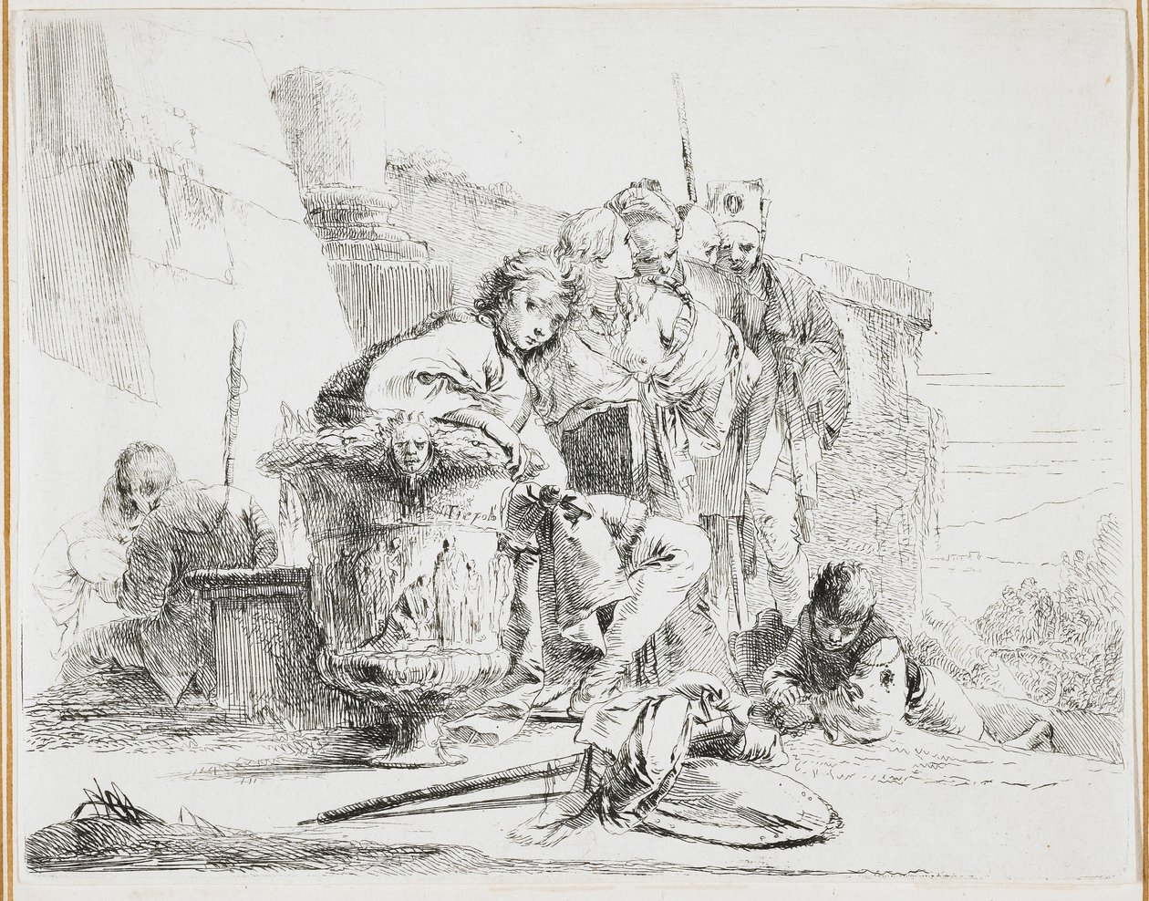 Junger Mann sitzt, lehnt an einer Urne, Platte aus Vari Capricci, 1740er Jahre von Giovanni Battista Tiepolo