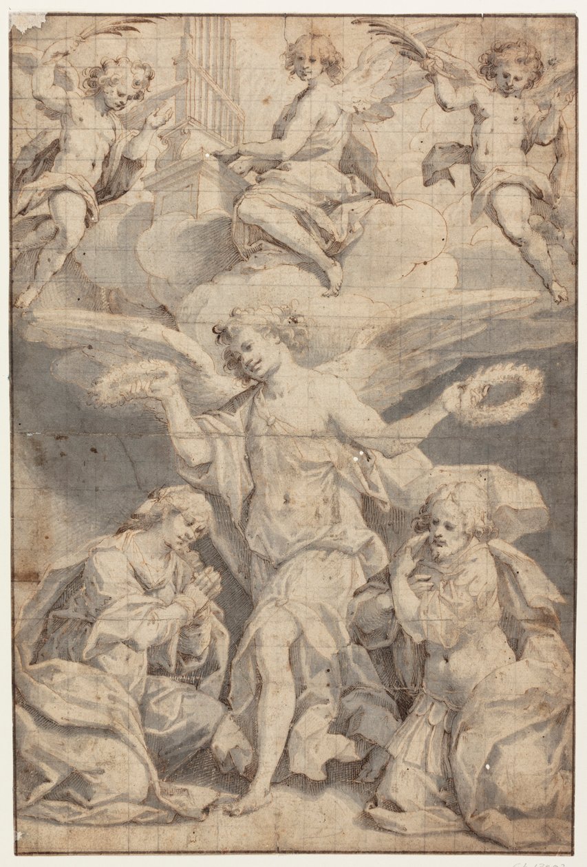 Ein Engel kränzt eine kniende Frau und einen knienden Soldaten, während zwei Engel in den Wolken mit Palmzweigen fliegen und ein dritter Orgel spielt von Giovanni Battista Trotti