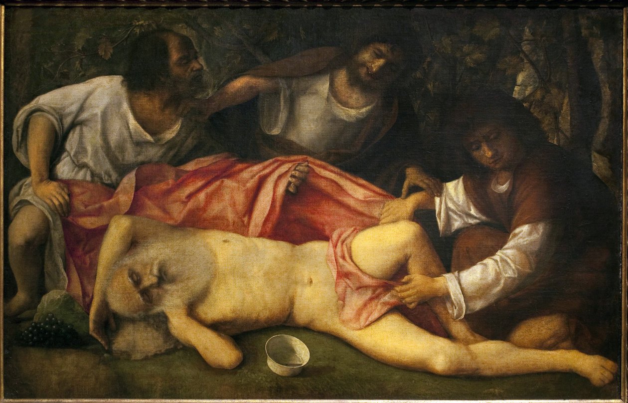 Noahs Trunkenheit (Noah, betrunken, wird von seinen drei Söhnen Sam und Japhet nackt entdeckt) von Giovanni Bellini