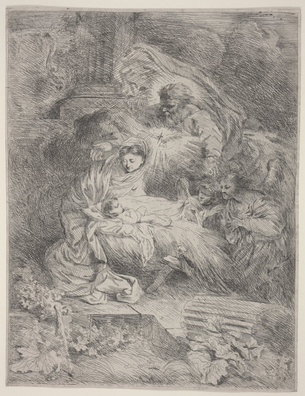 Die Geburt Christi mit Gott dem Vater, der Taube des Heiligen Geistes und Engeln, c.1645 von Giovanni Benedetto Castiglione