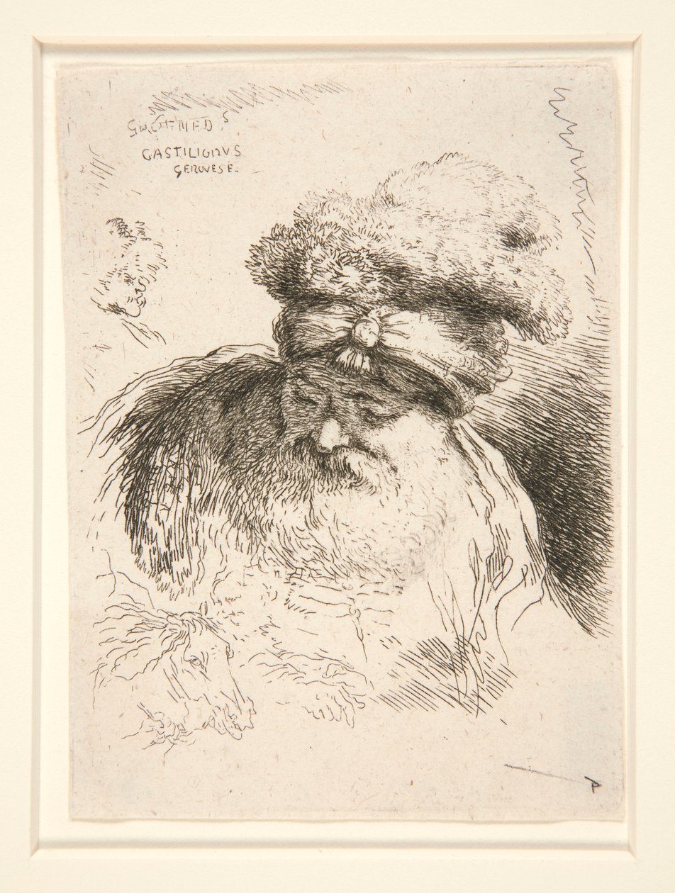 Ein alter Mann mit großem Bart, von vorne gesehen, Kopf und Augen gesenkt, aus der Serie Les petites têtes von Giovanni Benedetto Castiglione