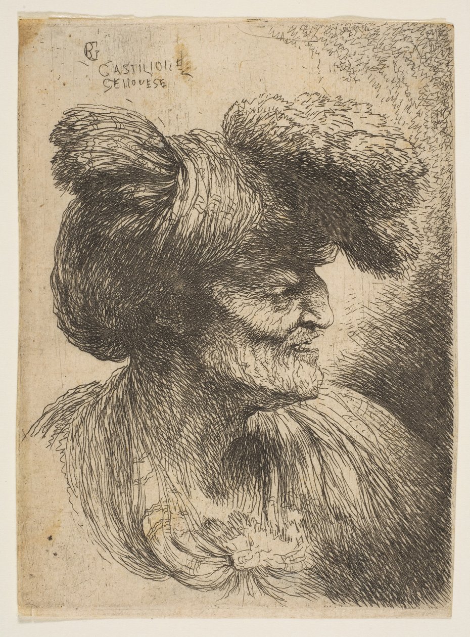 Büste eines bärtigen alten Mannes im Profil nach rechts, ca. 1645-50 von Giovanni Benedetto Castiglione
