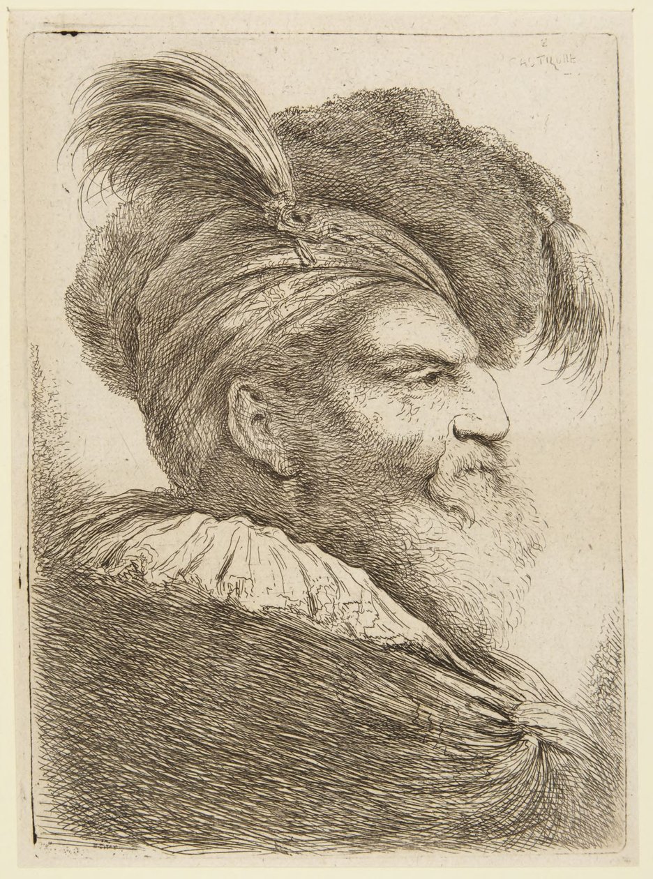 Kopf eines bärtigen Mannes mit Federhut von Giovanni Benedetto Castiglione