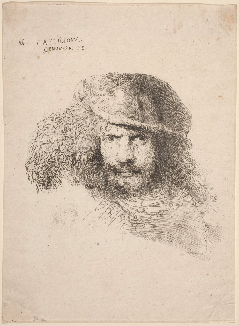Kopf eines jungen Mannes mit Federhut (sogenanntes Selbstporträt) von Giovanni Benedetto Castiglione