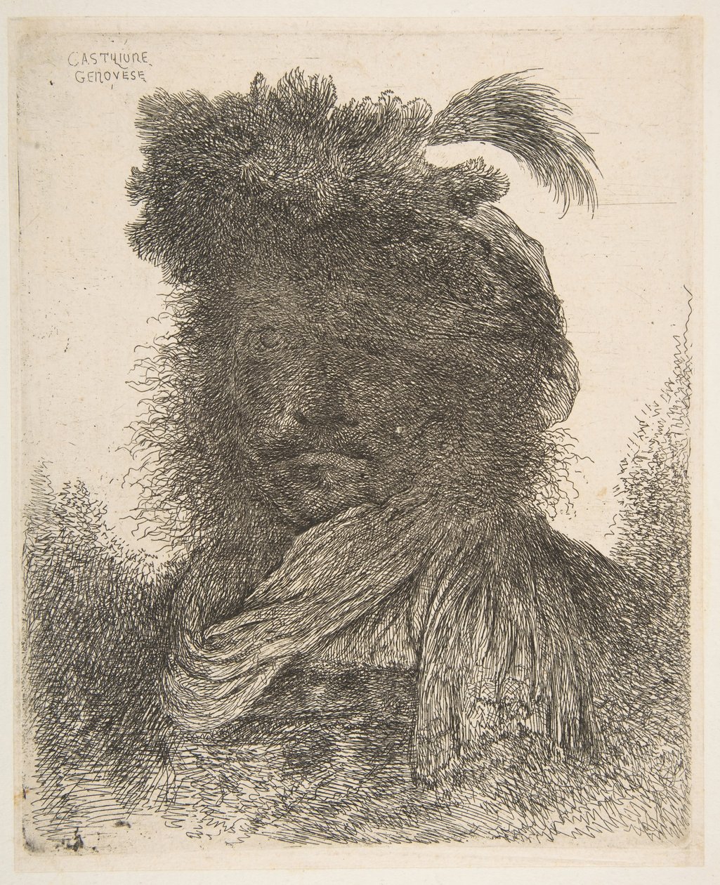 Kopf eines Mannes im Schatten leicht nach links gedreht, aus der Serie der großen Or..., ca. 1645-1650 von Giovanni Benedetto Castiglione