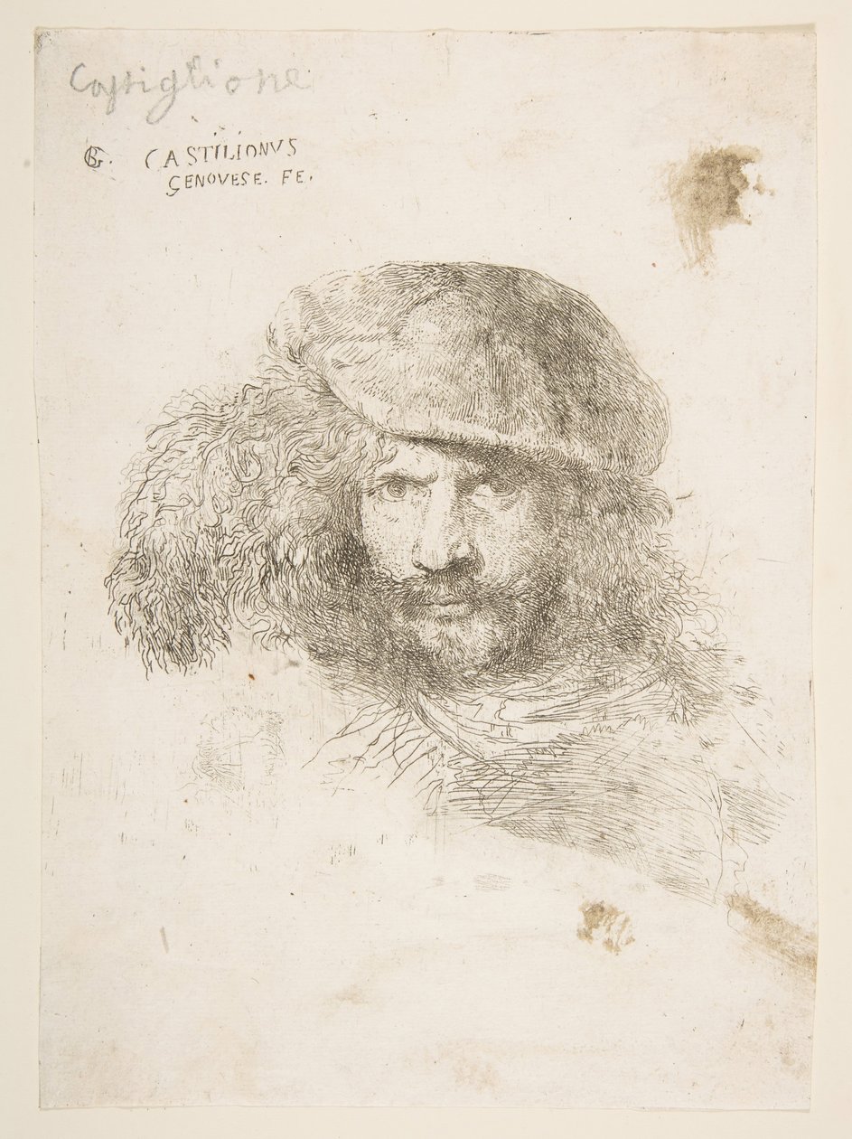 Kopf eines Mannes mit Federhut, möglicherweise Bernini, möglicherweise ein Selbstporträt, ca. 1645-1650 von Giovanni Benedetto Castiglione
