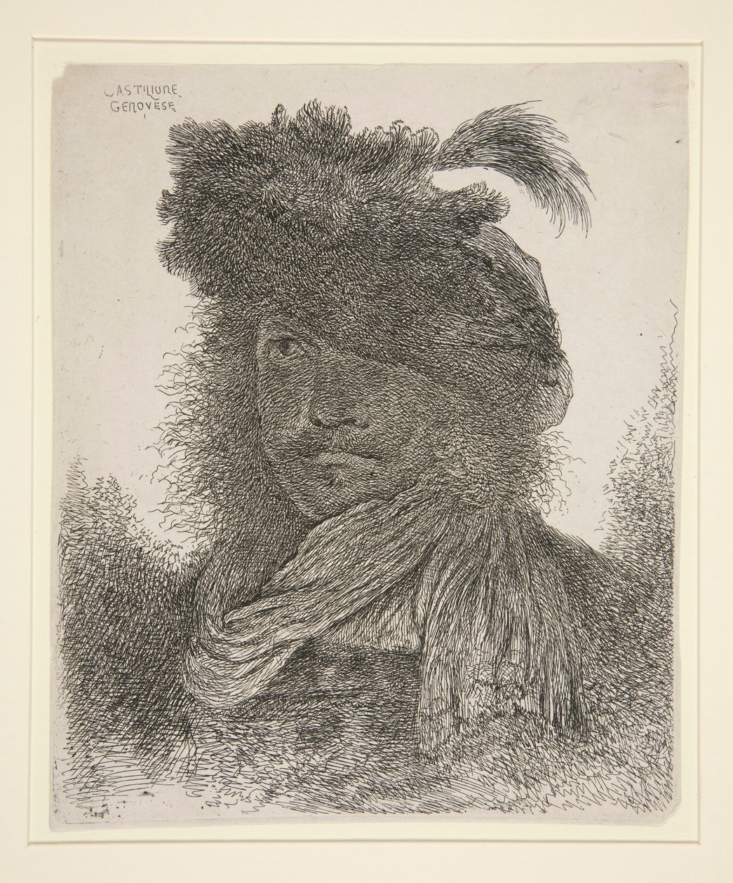 Mann schaut nach vorne mit Gesicht im Schatten von Giovanni Benedetto Castiglione