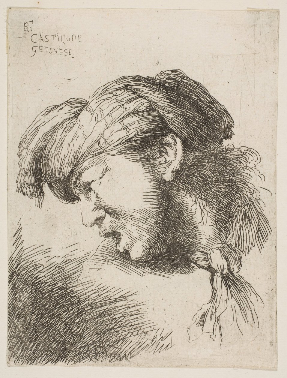 Mann mit Turban, eine Krawatte um den Hals gebunden, nach links gewandt, aus der Serie..., 1645-1650 von Giovanni Benedetto Castiglione