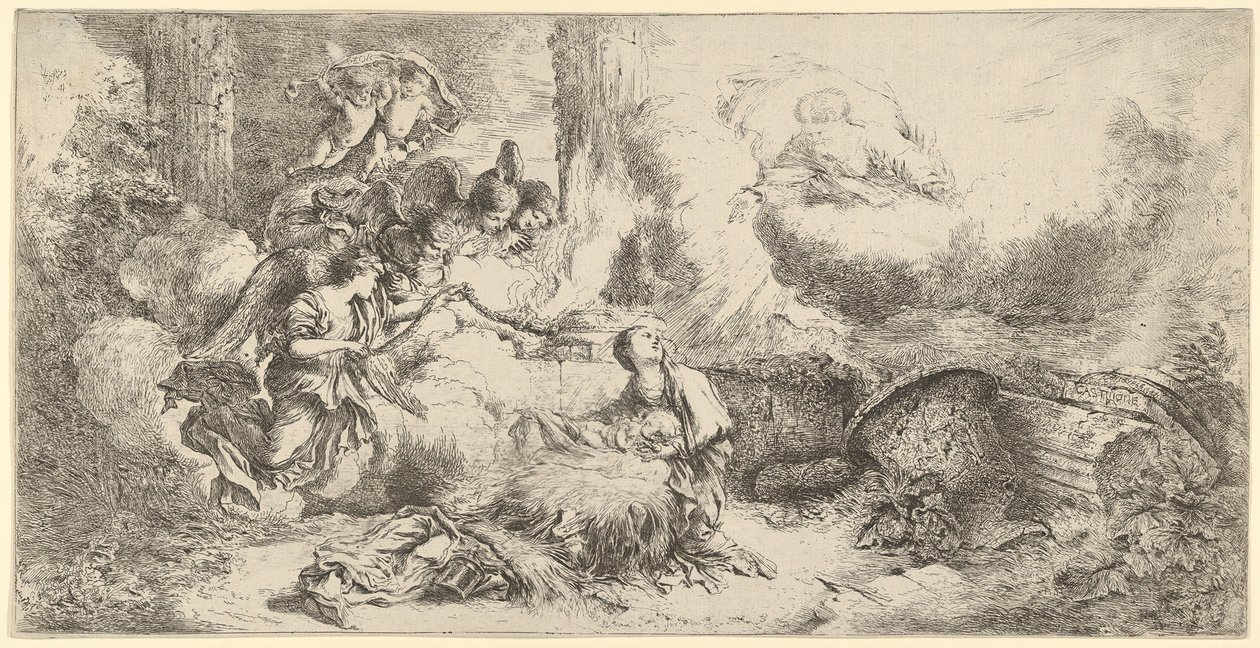 Geburt Christi mit Gott dem Vater und Engeln, ca. 1647-50 von Giovanni Benedetto Castiglione
