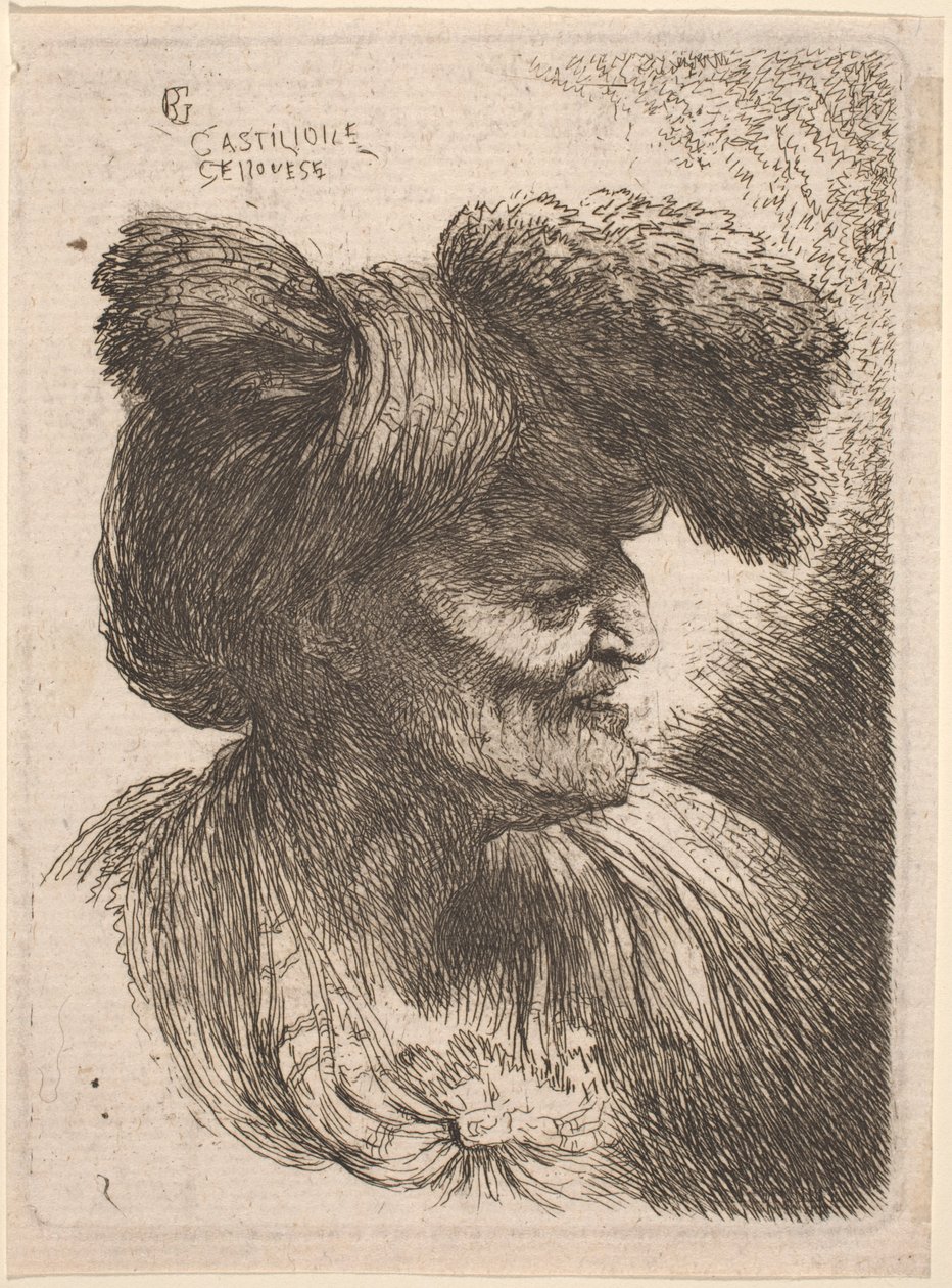 Alter Mann mit einem mit Pelz verzierten Turban, nach rechts gewandt von Giovanni Benedetto Castiglione