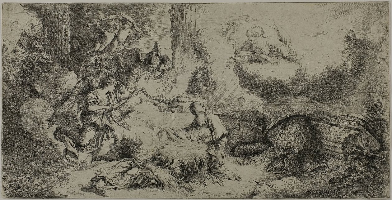 Die Geburt Christi mit Gott dem Vater und Engeln von Giovanni Benedetto Castiglione