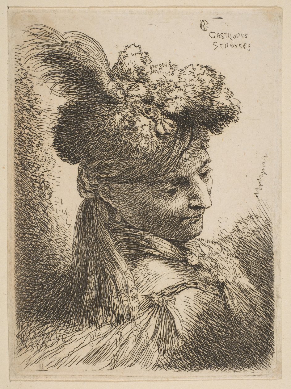 Junger Mann, der drei Viertel nach rechts schaut und einen Pelzhut mit Feder, Juwel trägt..., ca. 1645-50 von Giovanni Benedetto Castiglione
