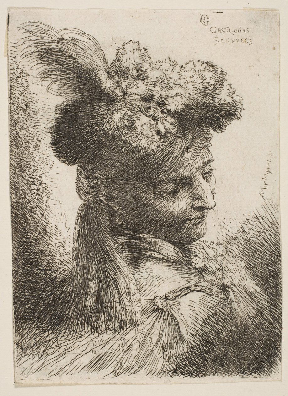 Junger Mann mit Pelzkopfbedeckung und Feder von Giovanni Benedetto Castiglione