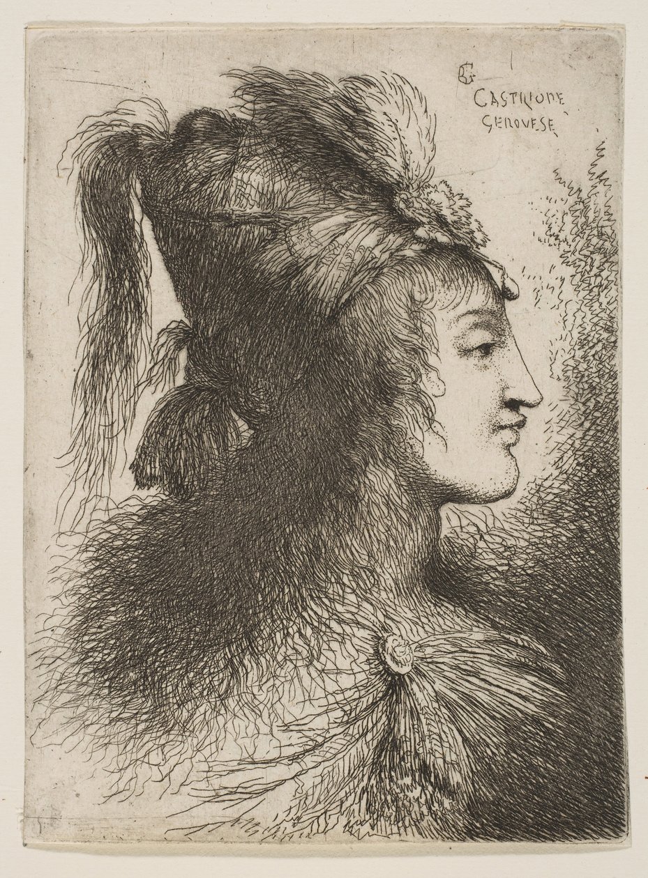 Junger Mann mit Federhut, nach rechts blickend, aus der Serie Kleine Köpfe von Giovanni Benedetto Castiglione
