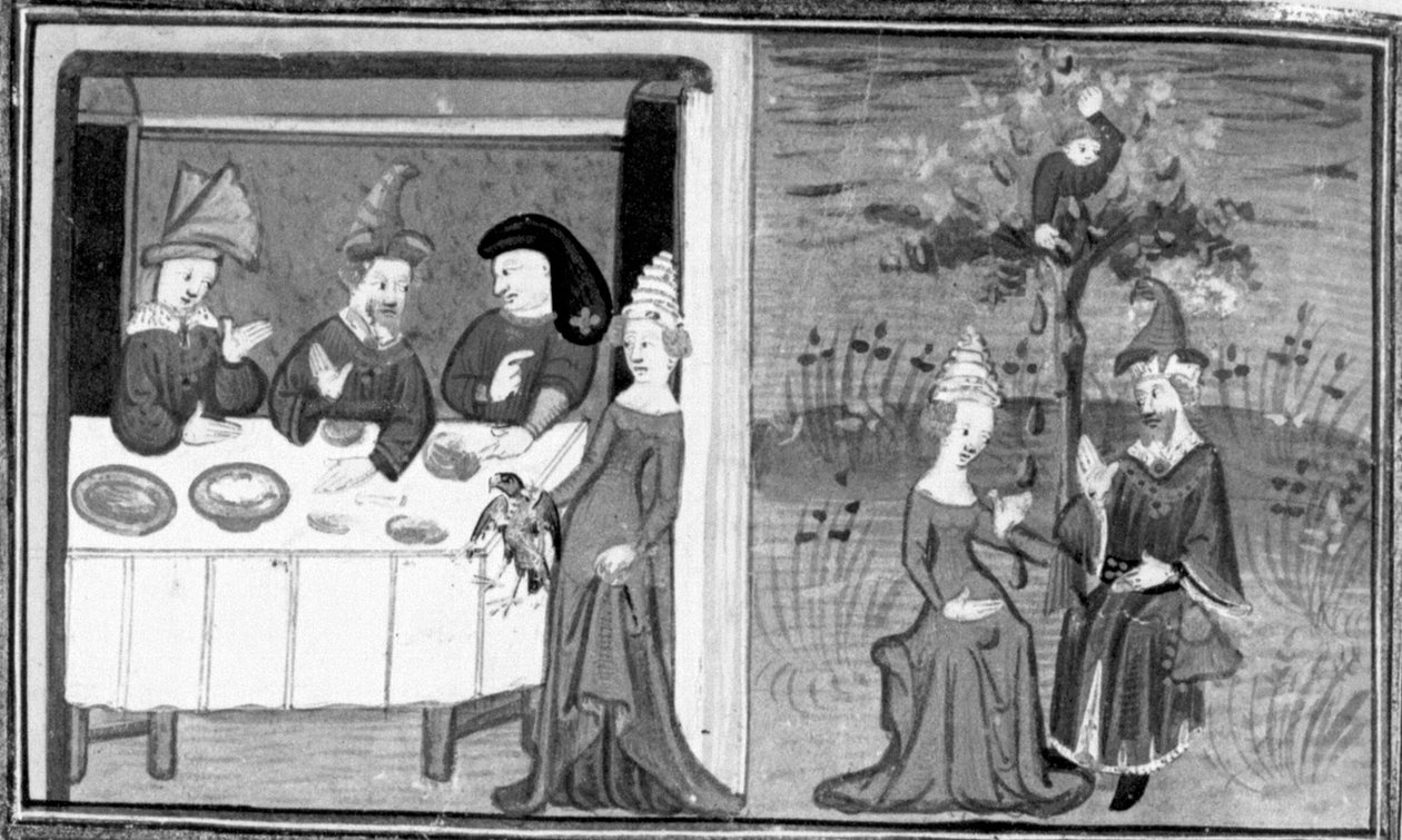 Dekameron, Lidia tötet den Sperber ihres Mannes; die Frau unterhält sich mit ihrem Mann auf der Wiese. Siebter Tag, Novelle 9 von Giovanni Boccaccio