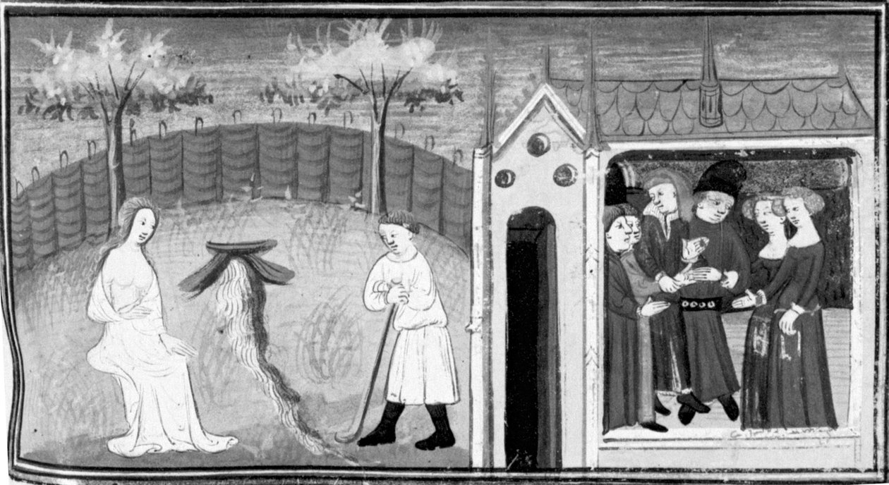 Dekameron, Cimon beobachtet Iphigenie; eine Doppelhochzeit wird gefeiert. Fünfter Tag, Novelle 1. von Giovanni Boccaccio