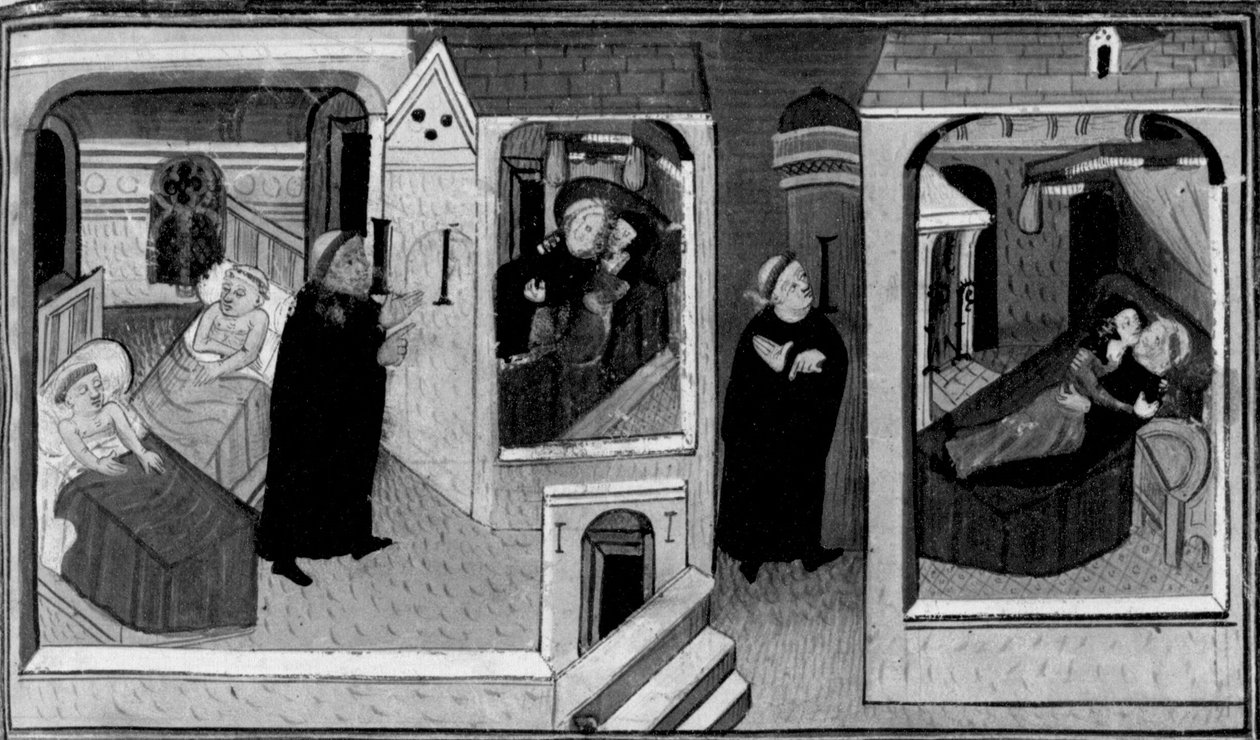 Decameron, Der Abt spioniert den Mönch in seiner Zelle aus; der Mönch spioniert wiederum den Abt aus. Erster Tag, Geschichte 4. von Giovanni Boccaccio