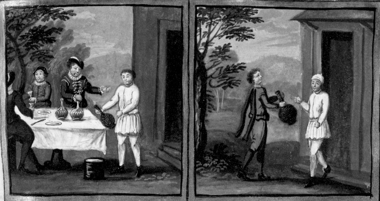Dekameron, Der Bäcker Cisti bietet Geri Spina und seinen Gästen Wein an; ein Diener von Geri geht zu Cisti, um Wein zu holen. Sechster Tag, Novelle 2 von Giovanni Boccaccio