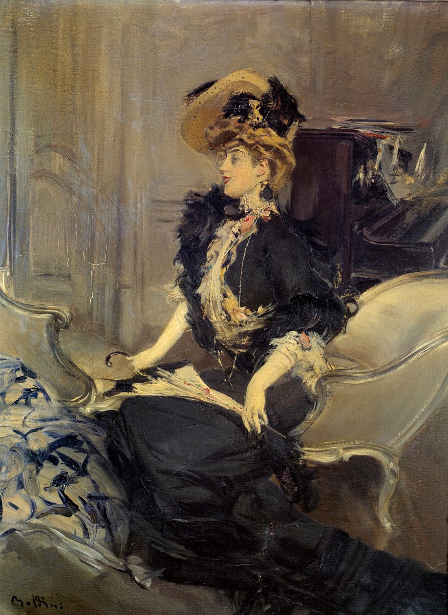 Belle Epoque: „Der Besuch“ Elegante junge Frau im Abendkleid. Gemälde von Giovanni Boldini von Giovanni Boldini