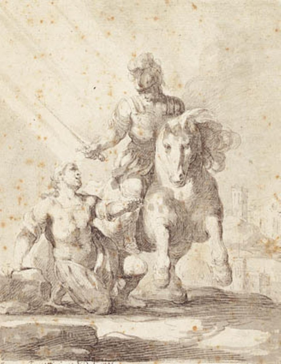 Soldat in antiker Kleidung, der ein Schwert über einen knienden Soldaten schwingt von Giovanni Domenico Ferretti
