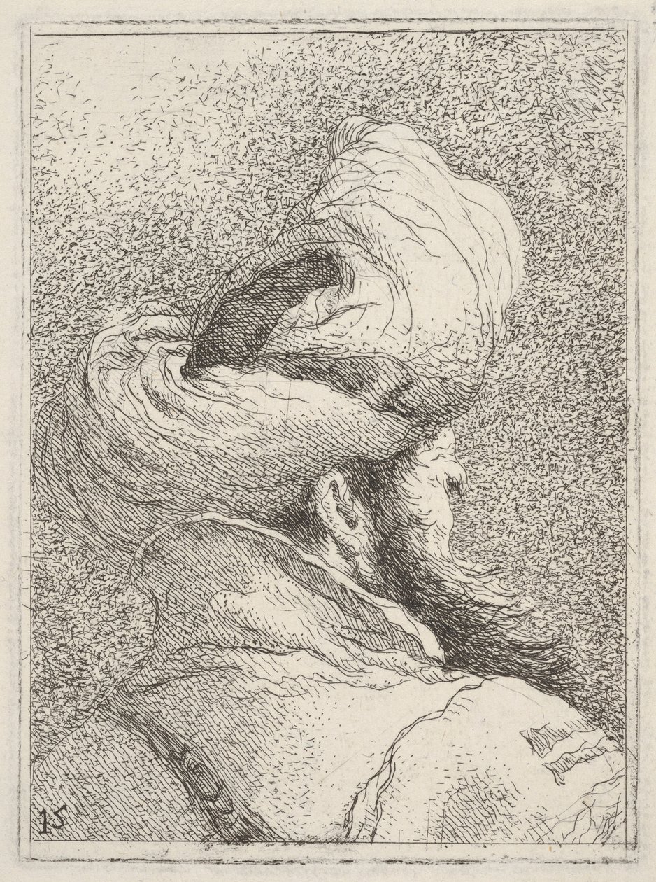 Bärtiger Mann mit Turban, von hinten in Dreiviertelansicht als Büste dargestellt, aus „Sammlung von Köpfen“ (Raccolta di teste) von Giovanni Domenico Tiepolo