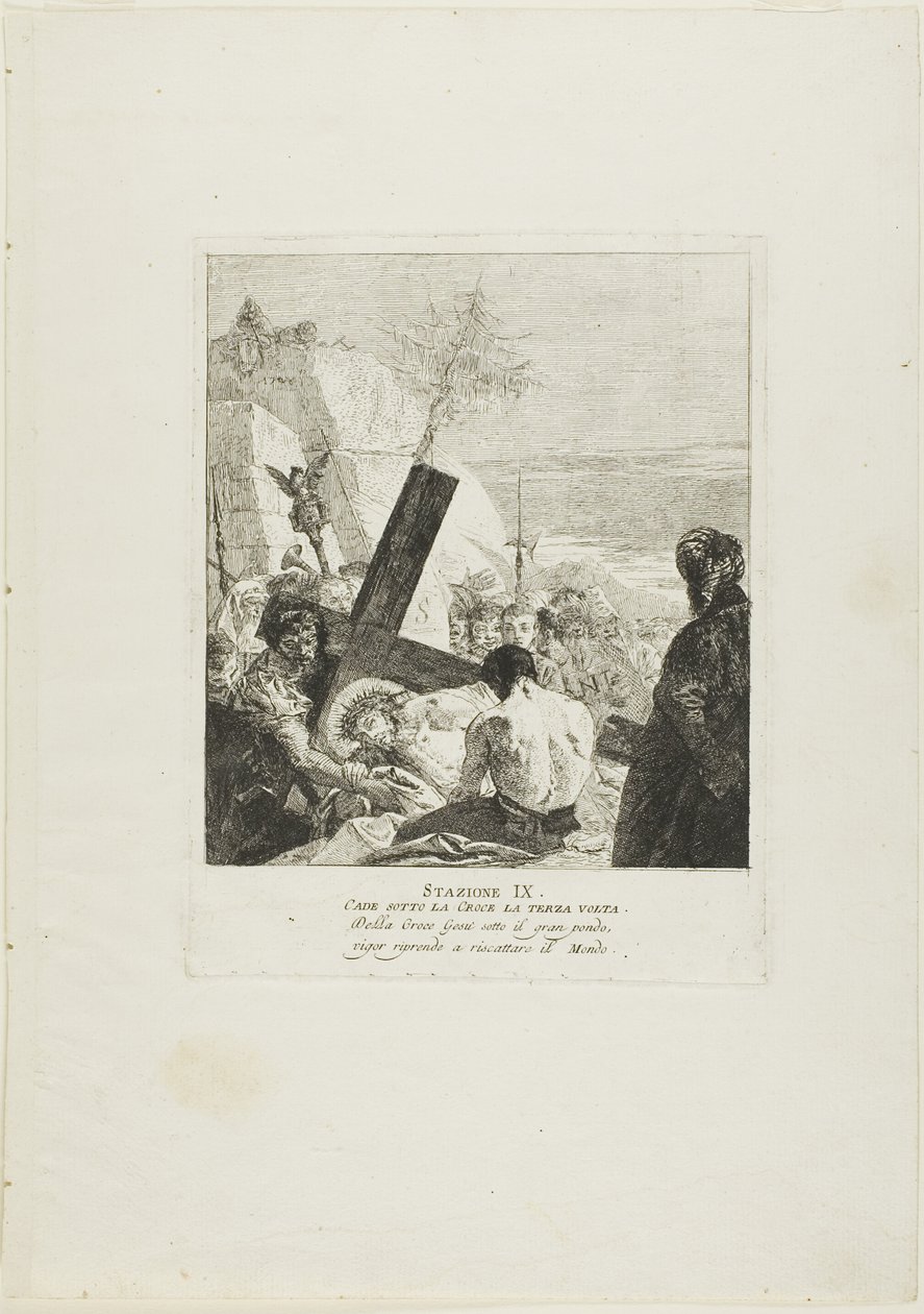 Christus fällt zum dritten Mal unter dem Kreuz, Platte neun aus dem Kreuzweg von Giovanni Domenico Tiepolo