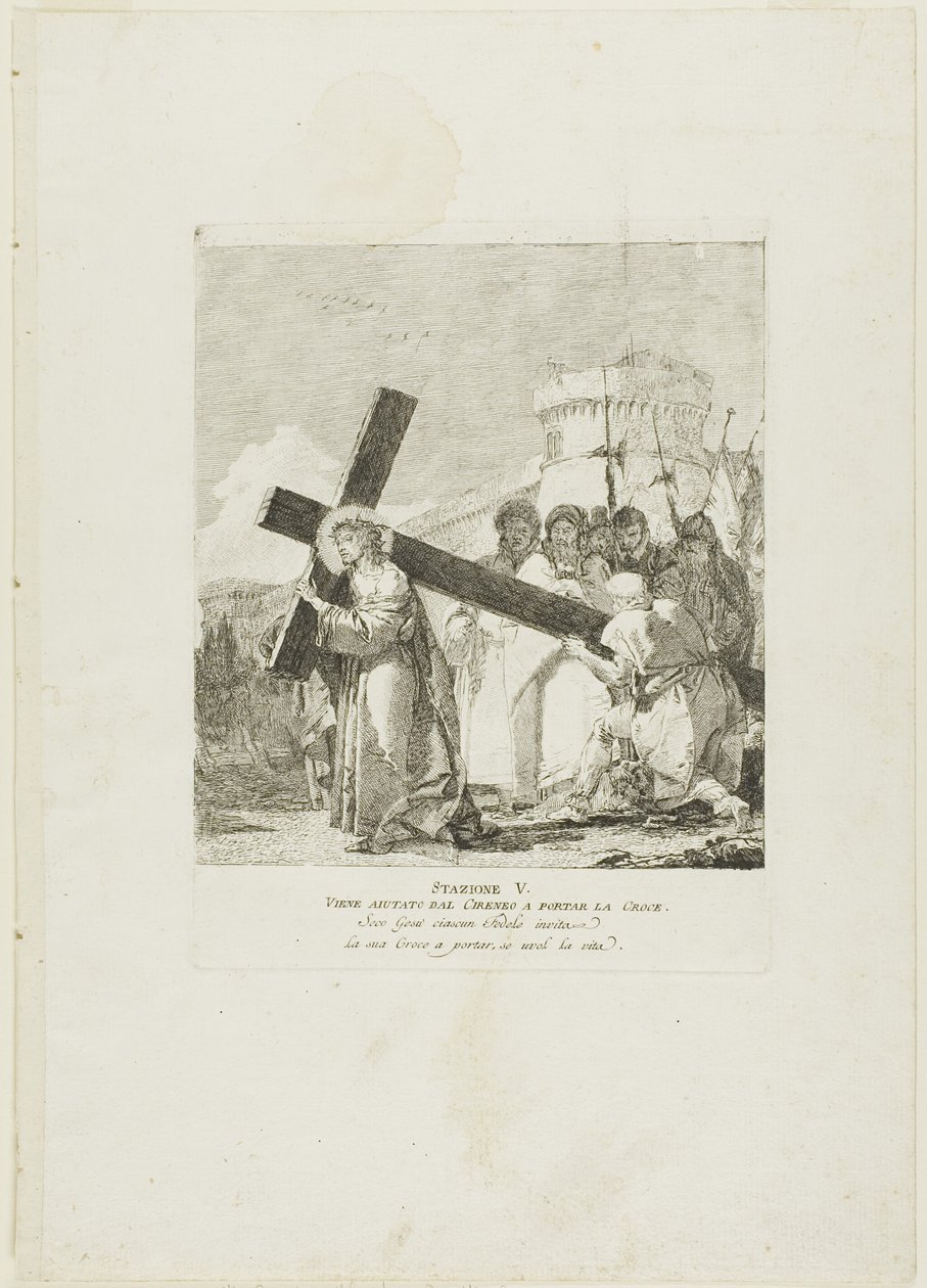 Christus wird von Simon von Kyrene geholfen, Platte fünf aus Kreuzwegstationen von Giovanni Domenico Tiepolo