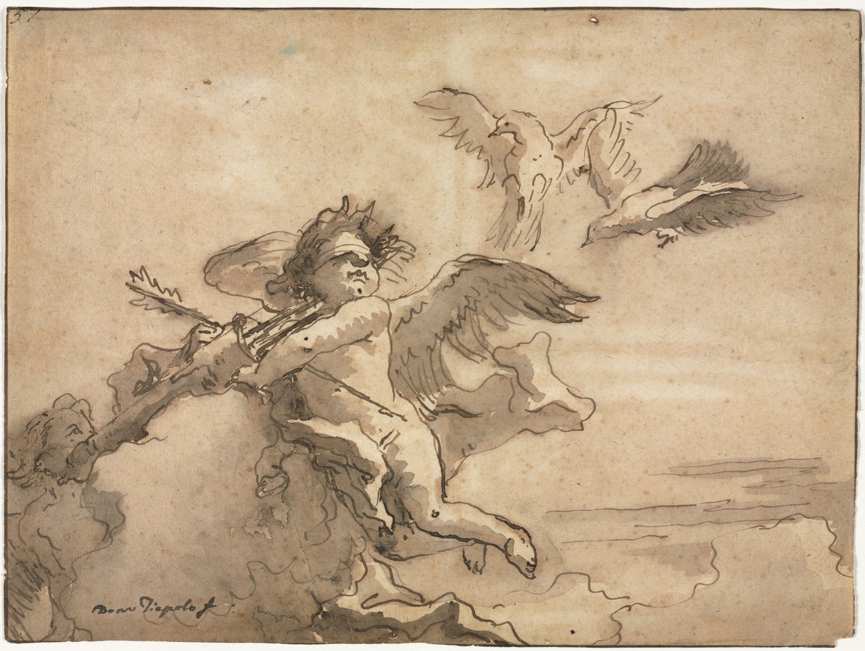 Amor mit verbundenen Augen und zwei Tauben, 1757 oder später von Giovanni Domenico Tiepolo