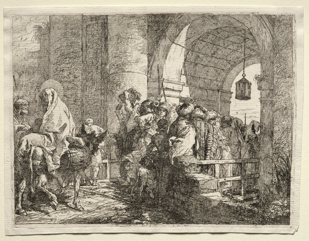 Flucht nach Ägypten: Die Heilige Familie unter einem Bogen hindurchgehend von Giovanni Domenico Tiepolo