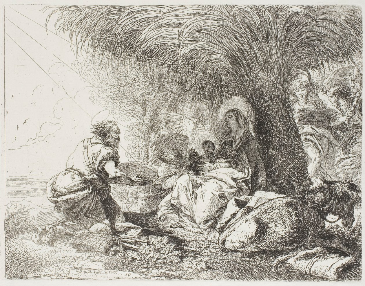 Joseph betet das Kind an, während zwei Engel singen, Platte neunzehn aus Die Flucht nach Ägypten von Giovanni Domenico Tiepolo