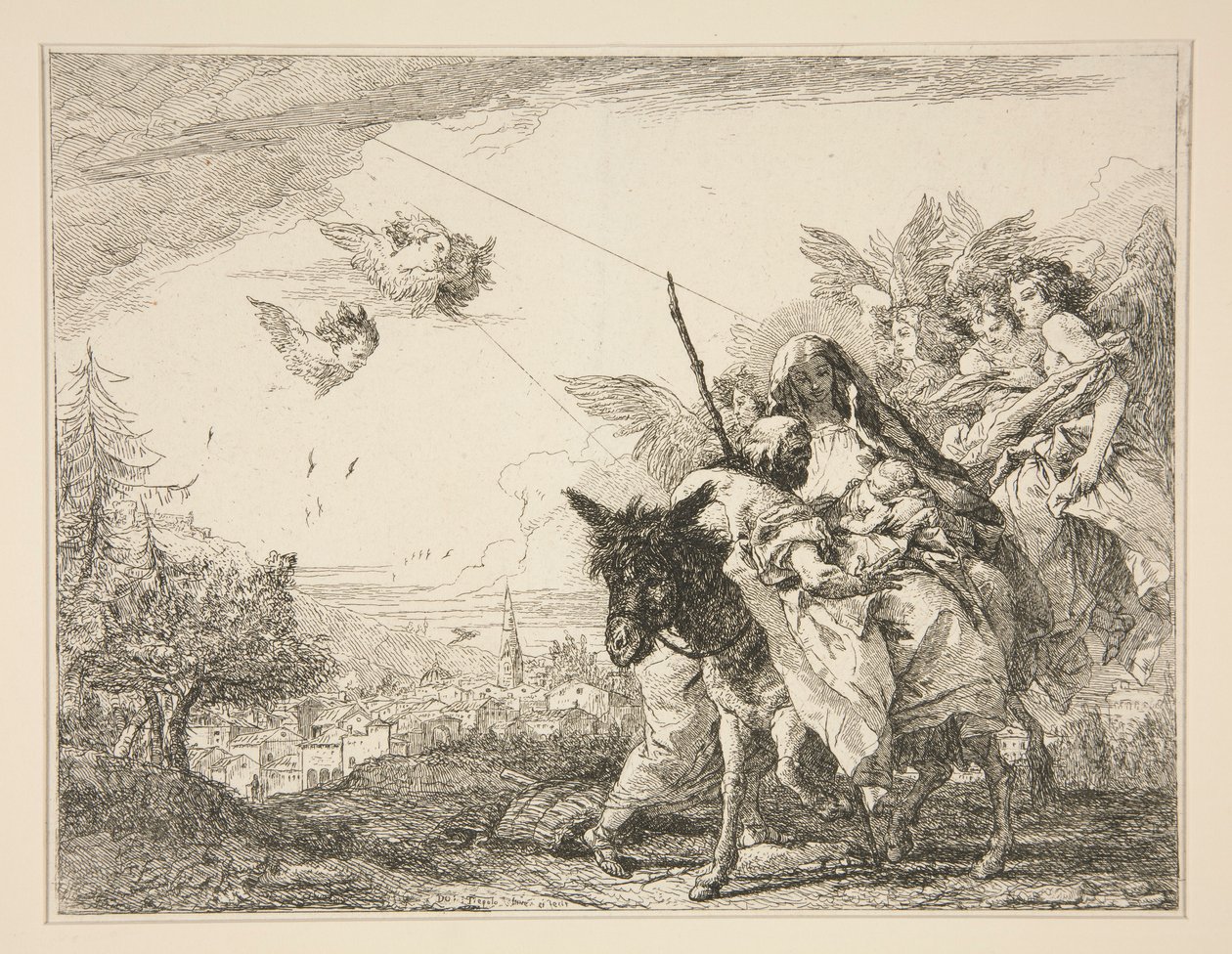 Joseph betrachtet das Jesuskind, aus der Serie Malerische Ideen über die Flucht nach Ägypten von Giovanni Domenico Tiepolo