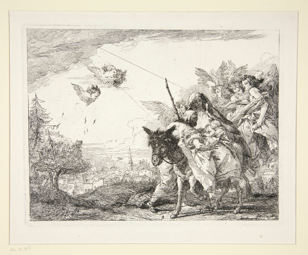 Joseph betrachtet das Jesuskind, aus der Serie Idee pittoresche sopra la fuga in Egitto (Flucht nach Ägypten) von Giovanni Domenico Tiepolo