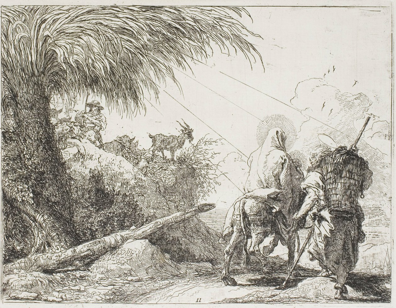 Joseph und Maria passieren einen Hirten und seine Herde, Platte elf aus Die Flucht nach Ägypten von Giovanni Domenico Tiepolo
