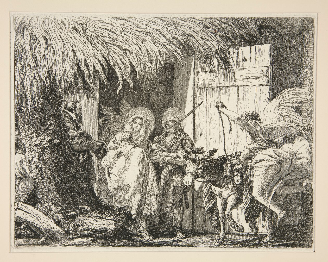 Joseph und Maria vor einem Haus, aus der Serie Malerische Ideen zur Flucht nach Ägypten von Giovanni Domenico Tiepolo