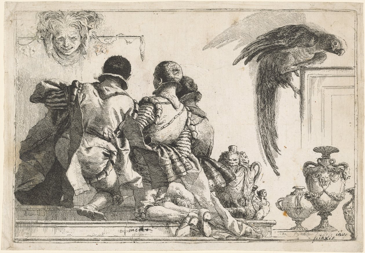 Kniende Pagen, eine Maske und ein Papagei von Giovanni Domenico Tiepolo