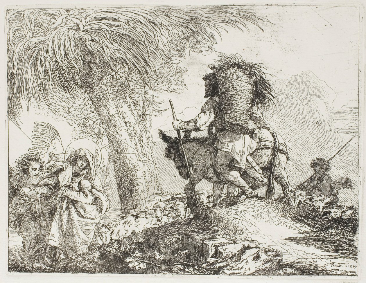 Maria, von einem Engel geholfen, und Josef, der den Korb trägt, passieren eine Herde, Platte 24 aus Die Flucht nach Ägypten von Giovanni Domenico Tiepolo