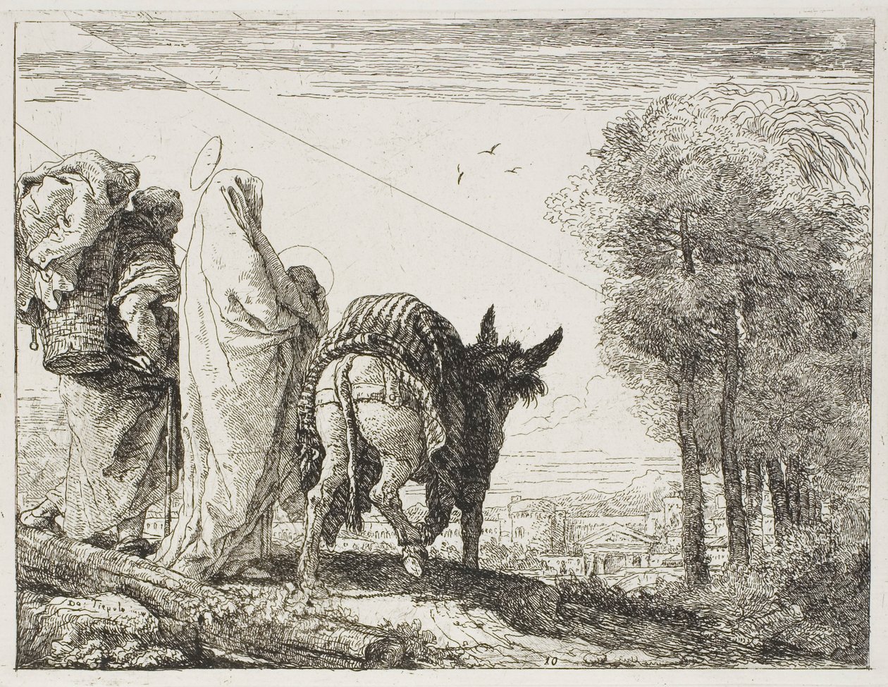 Maria hält das Kind in ihren Armen und Joseph mit dem Korb, Platte zehn aus Die Flucht nach Ägypten von Giovanni Domenico Tiepolo