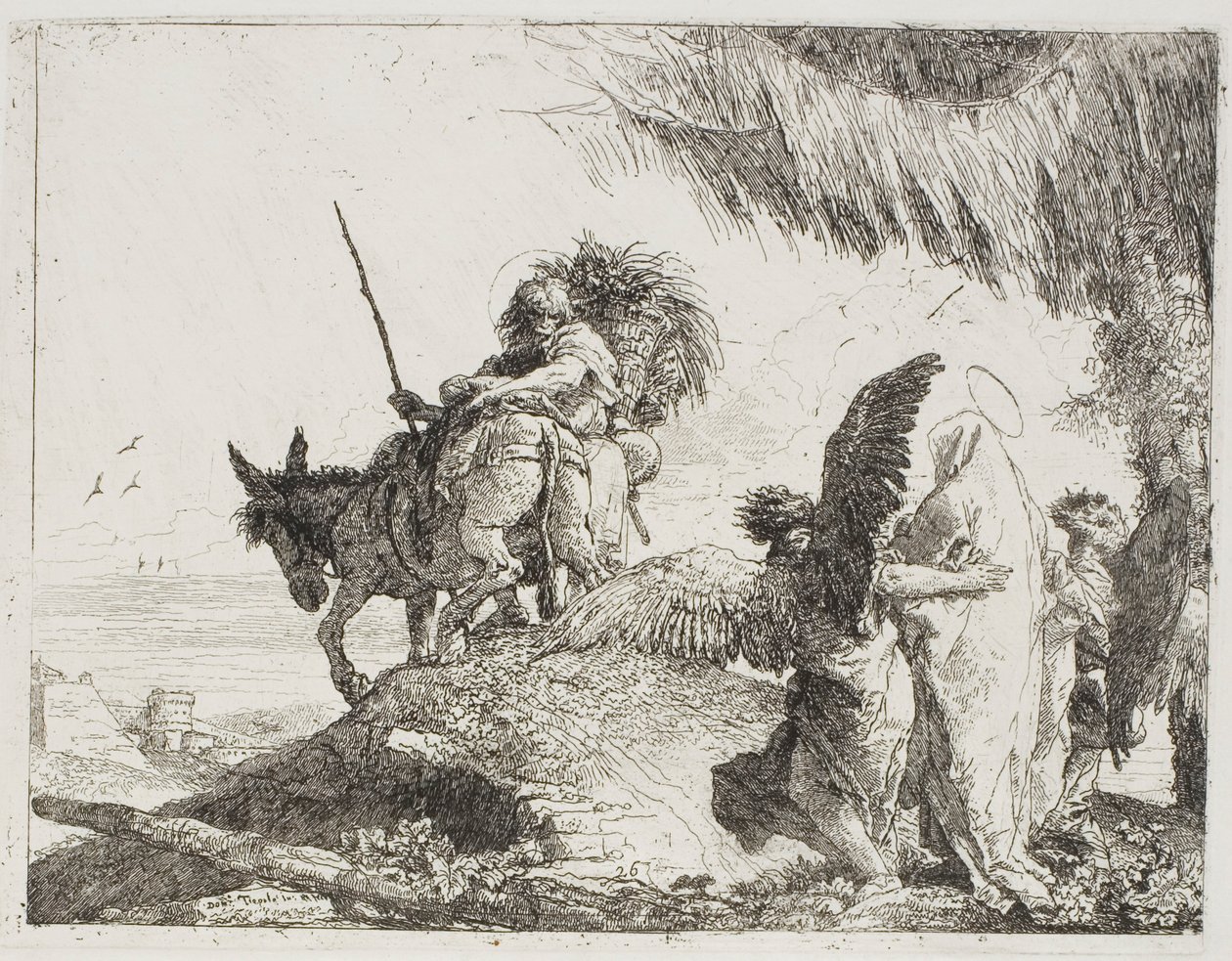 Maria, unterstützt von zwei Engeln, folgt Joseph, Platte 26 aus Die Flucht nach Ägypten von Giovanni Domenico Tiepolo
