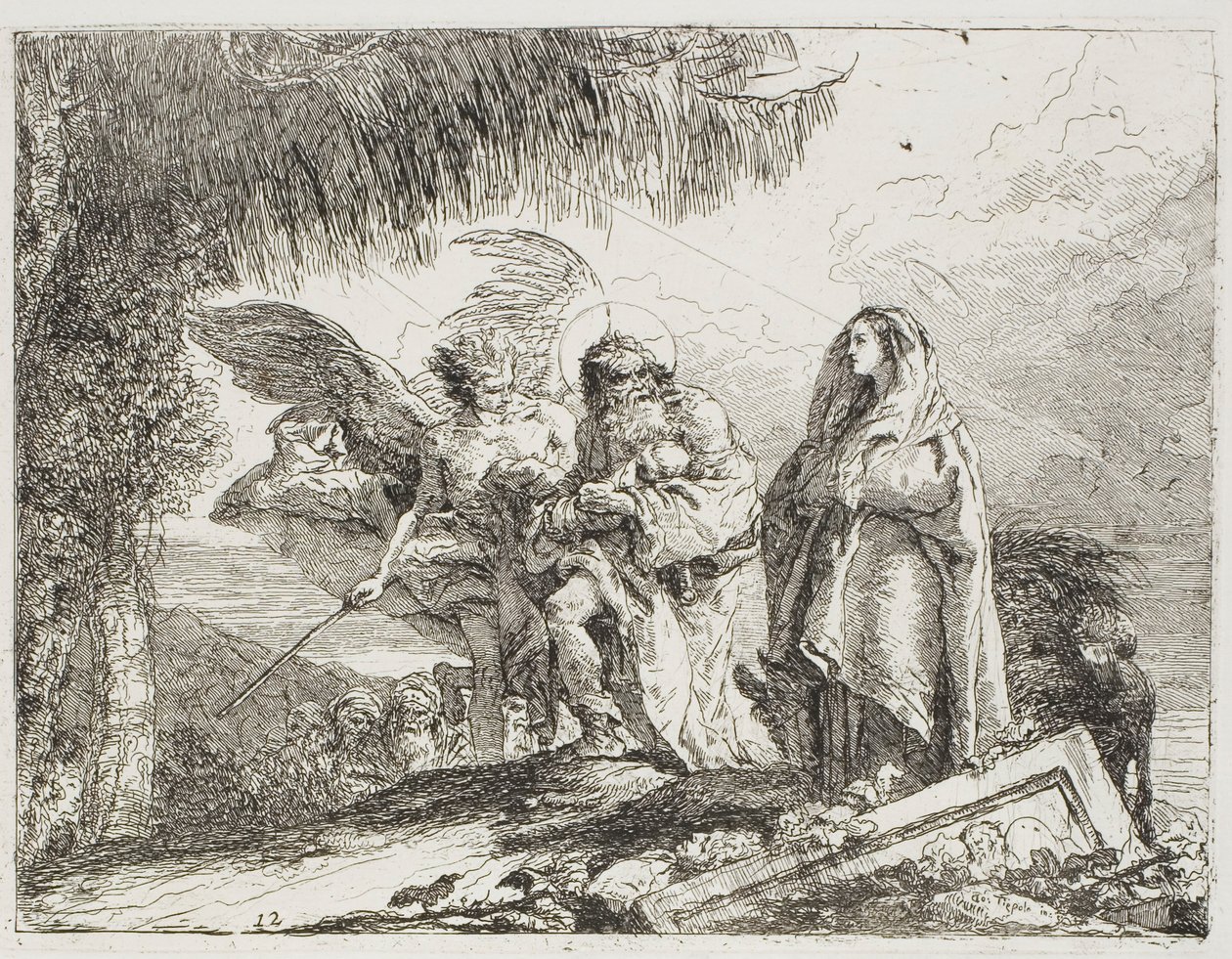 Maria und Joseph, das Kind haltend, werden von einem Engel begleitet, Tafel zwölf aus Die Flucht nach Ägypten von Giovanni Domenico Tiepolo