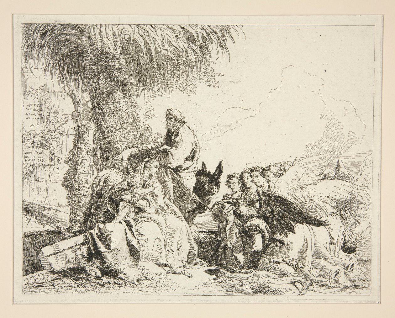 Ruhe während der Flucht nach Ägypten, aus der Serie Idee pittoresche sopra la fuga in Egitto (Flucht nach Ägypten) von Giovanni Domenico Tiepolo