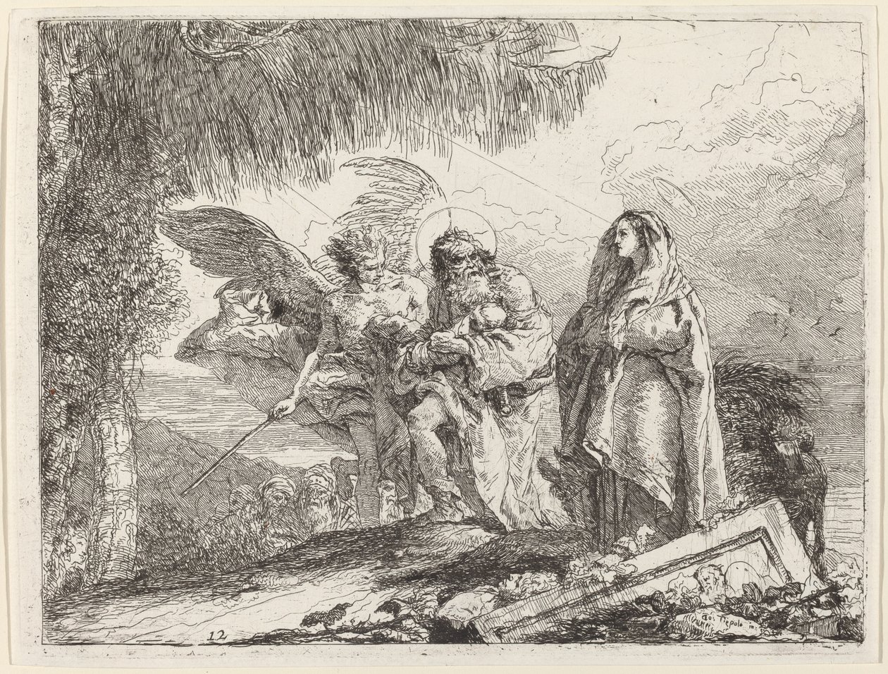 Die Flucht, Heilige Familie geht mit Engel von Giovanni Domenico Tiepolo