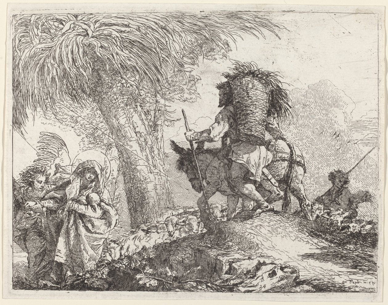 Die Flucht, Joseph rechts und Maria und Engel links von Giovanni Domenico Tiepolo