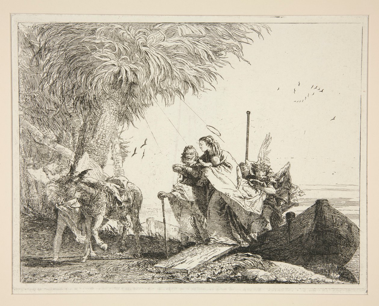 Die Heilige Familie geht an Land, aus der Serie Idee pittoresche sopra la fuga in Egitto (Flucht nach Ägypten) von Giovanni Domenico Tiepolo