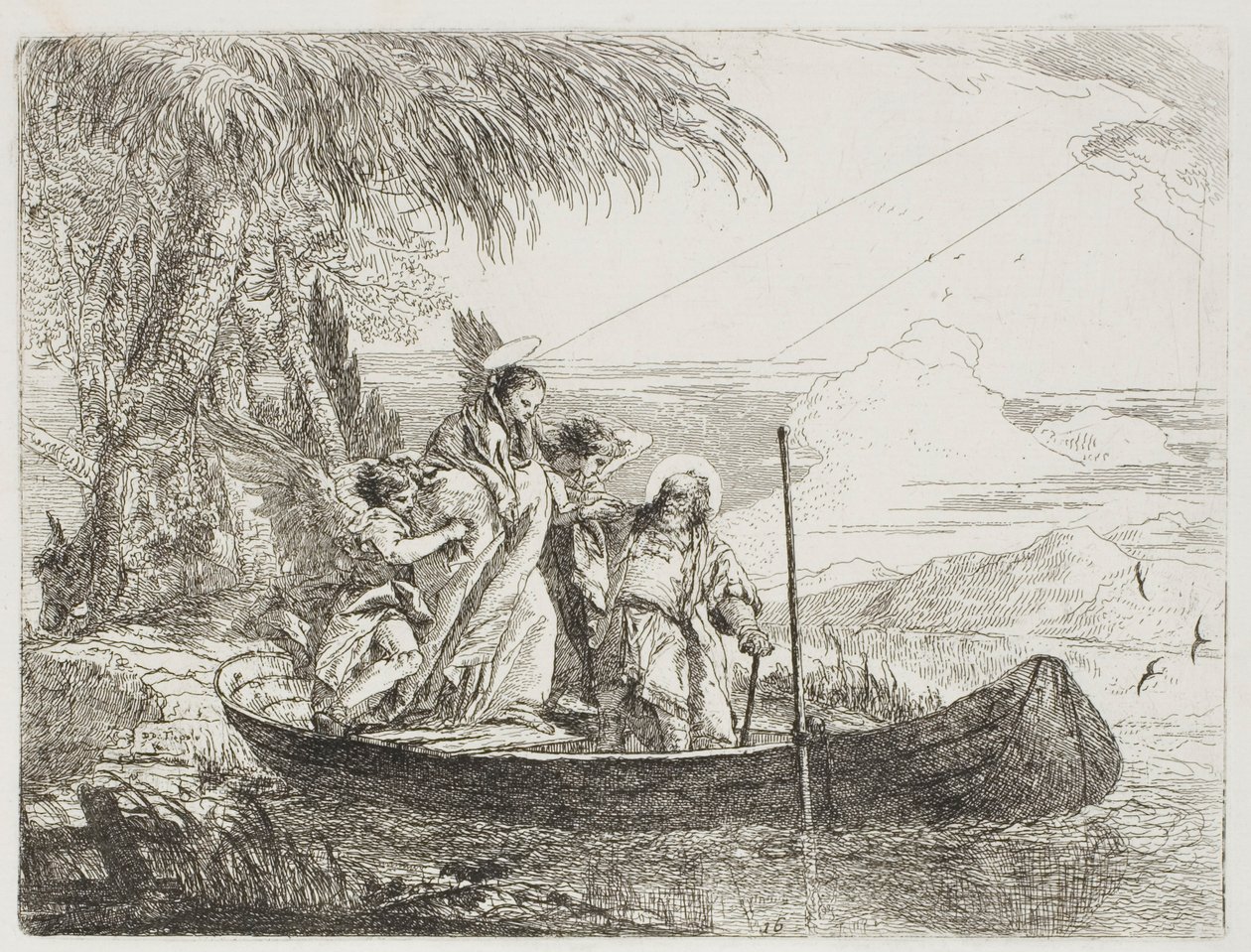 Die Heilige Familie betritt das Boot mit Hilfe der Engel, Platte sechzehn aus Die Flucht nach Ägypten von Giovanni Domenico Tiepolo