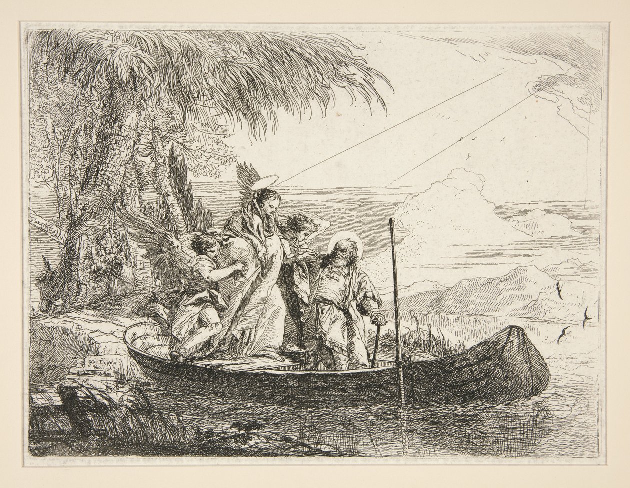Die Heilige Familie betritt ein Boot, aus der Serie Idee pittoresche sopra la fuga in Egitto (Flucht nach Ägypten) von Giovanni Domenico Tiepolo