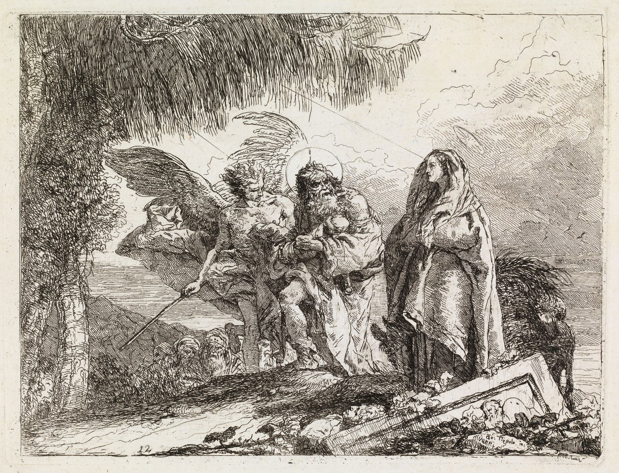 Die Heilige Familie von einem Engel begleitet (Die Flucht nach Ägypten XII) von Giovanni Domenico Tiepolo