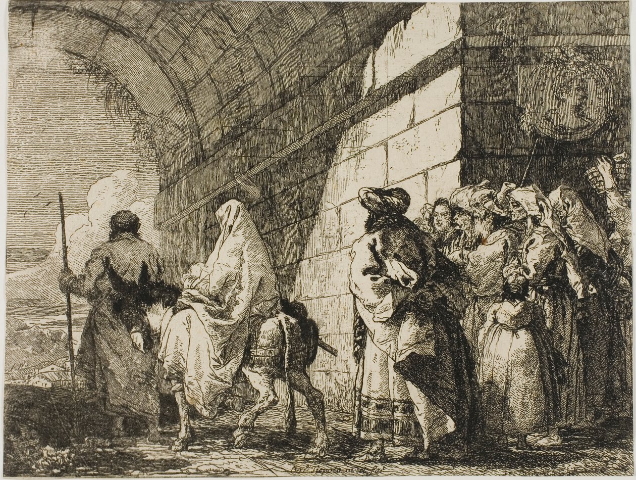 Die Heilige Familie verlässt das Stadttor, Platte sieben aus Die Flucht nach Ägypten von Giovanni Domenico Tiepolo