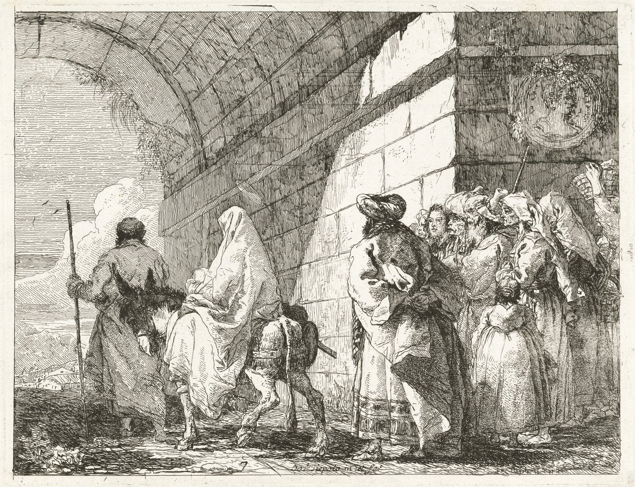 Die Heilige Familie passiert unter einem Stadtbogen von Giovanni Domenico Tiepolo