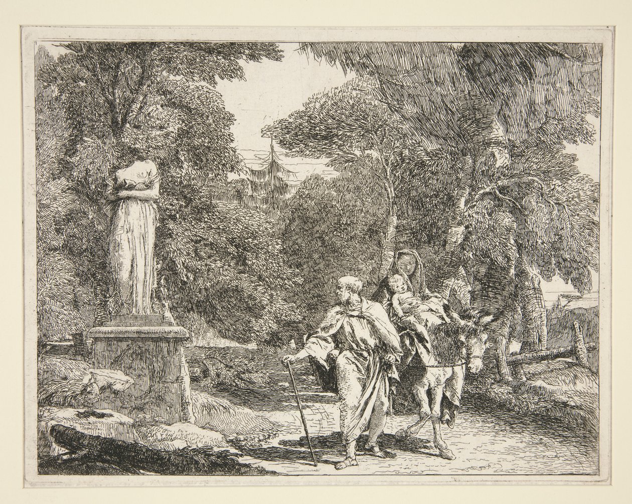 Die Heilige Familie passiert eine Statue, aus der Serie Idee pittoresche sopra la fuga in Egitto (Flucht nach Ägypten) von Giovanni Domenico Tiepolo